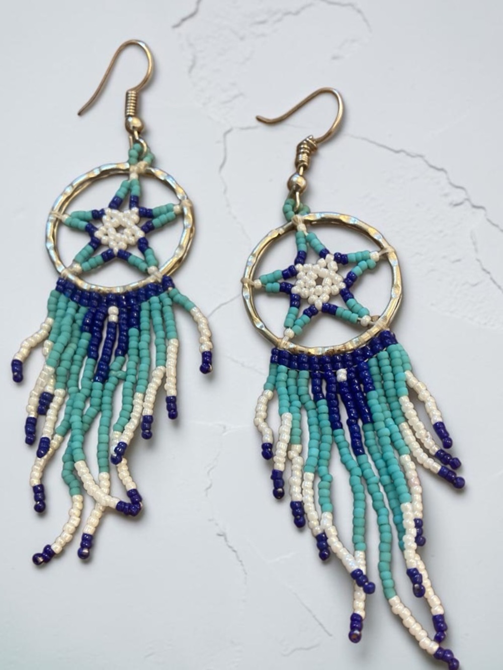 Bohemian Beaded Dreamcatcher Fringe Earrings - Turquoise, Navy & Cream